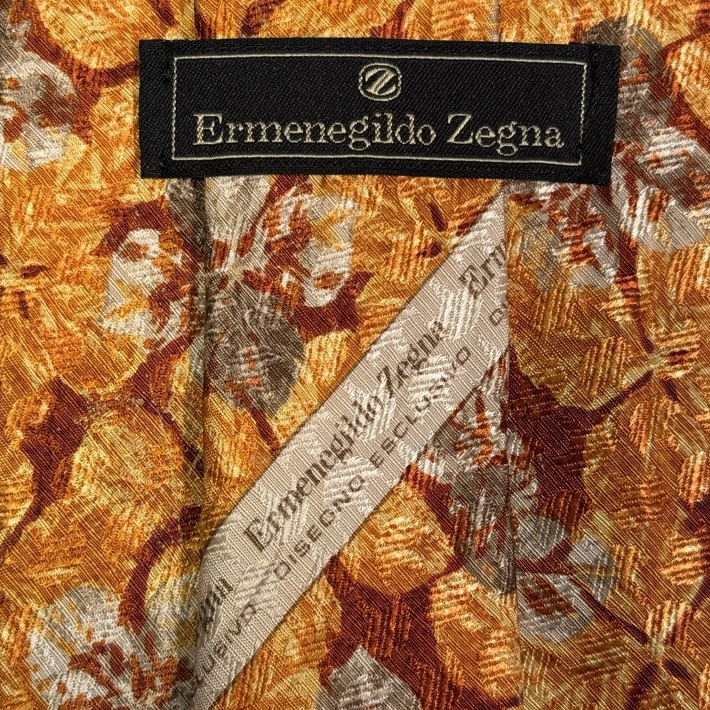 Ermenegildo Zegna | Vintage 1990s Floral Leaf Silk Orange Brown Mens Tie